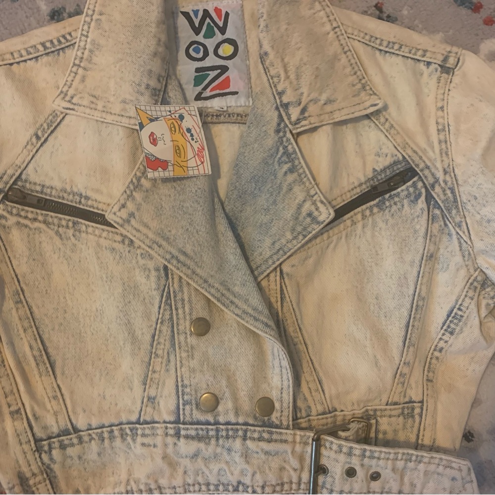 NWT VINTAGE 1970 Contempo Casuals WOOZ ACID WASH DENIM MOTO JACKET CROP AMAZING